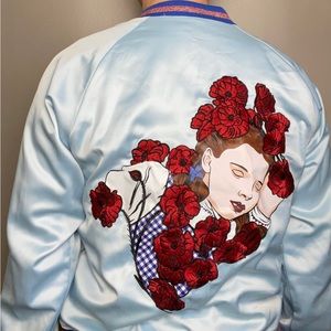 Cakeworthy Wizard of Oz Poppy Light Blue Red Bomber Jacket XL Dorothy